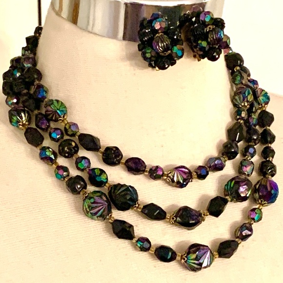 Vintage jet Black aurora borealis Necklace Earrings set west Germany 3 strands - Picture 15 of 15